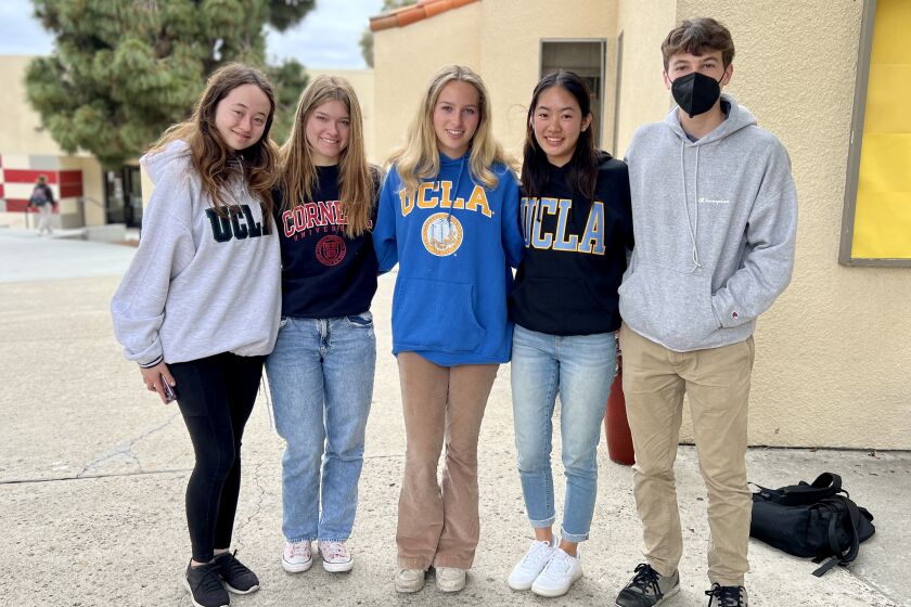 La Jolla High School's valedictorians, from left: Arianna Roberts, Celeste Moreau, Alyssa Bilinsky, Daphnie Tseng and Greg Baldwin.