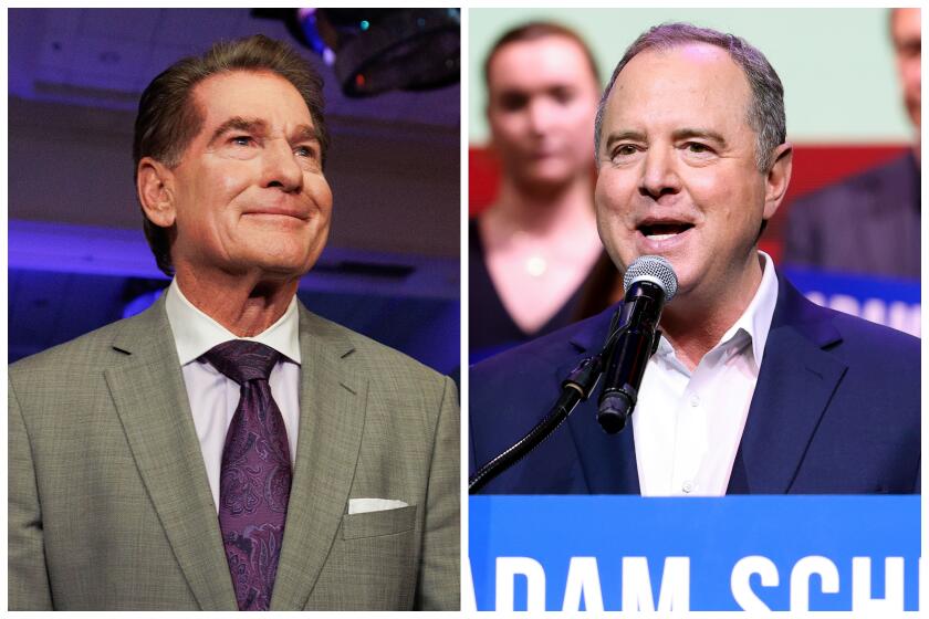 Left, Republican U.S. Senate candidate Steve Garvey greets supporters and speaks to the press just after the polls closed in California at his election night party on March 5, 2024 at the JW Marriott Desert Springs in Palm Desert, California. Right, Los Angeles, CA - March 05: Adam Schiff speaks to the crowd during his election night party, replacing the seat left vacated by Sen. Dianne Feinstein, in The Avalon on Tuesday, March 5, 2024 in Los Angeles, CA. (Gina Ferazzi / Los Angeles Times, Wally Skalij / Los Angeles Times)