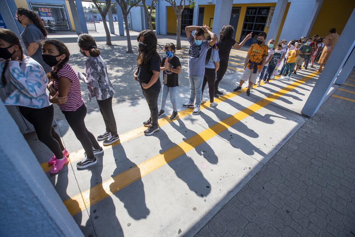 Children stand in a line in a school courtyard