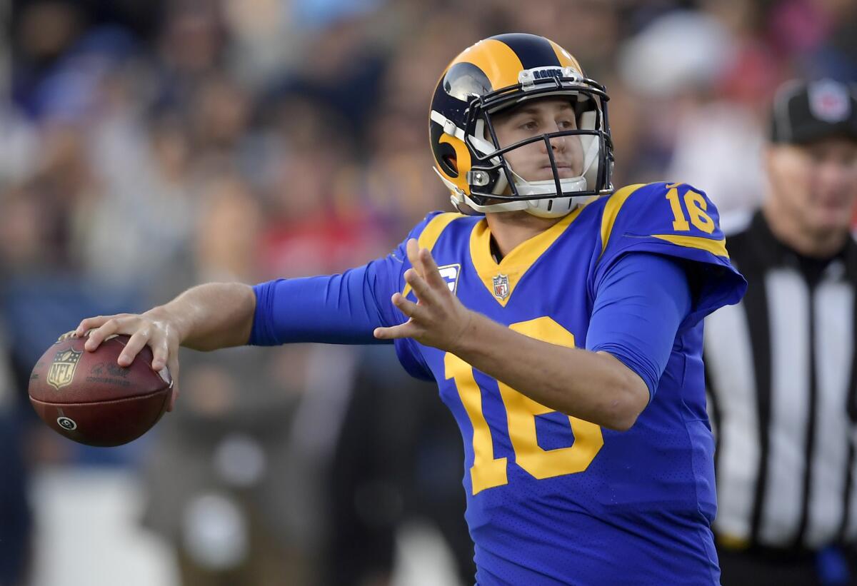 Los Angeles Rams quarterback Jared Goff passes San Francisco 49ers during the second half in an NFL football game Sunday, Dec. 30, 2018, in Los Angeles.
