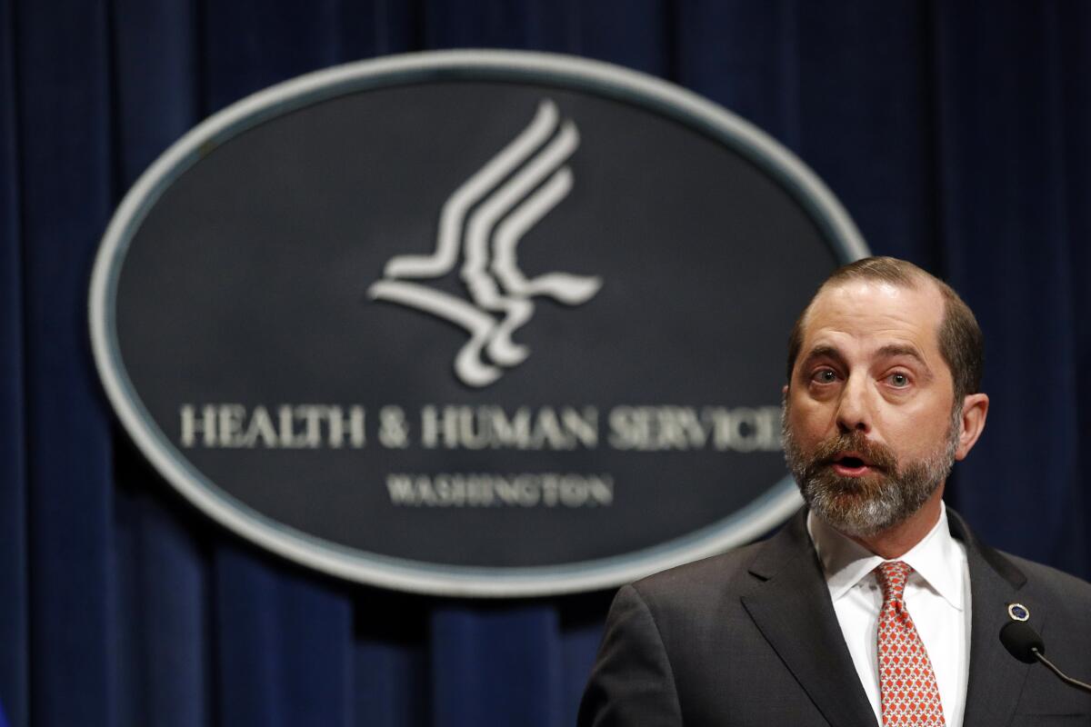 Health and Human Services Secretary Alex Azar speaks at a news conference about the federal government's response to a virus outbreak originating in China, Tuesday, Jan. 28, 2020, in Washington. (AP Photo/Patrick Semansky)