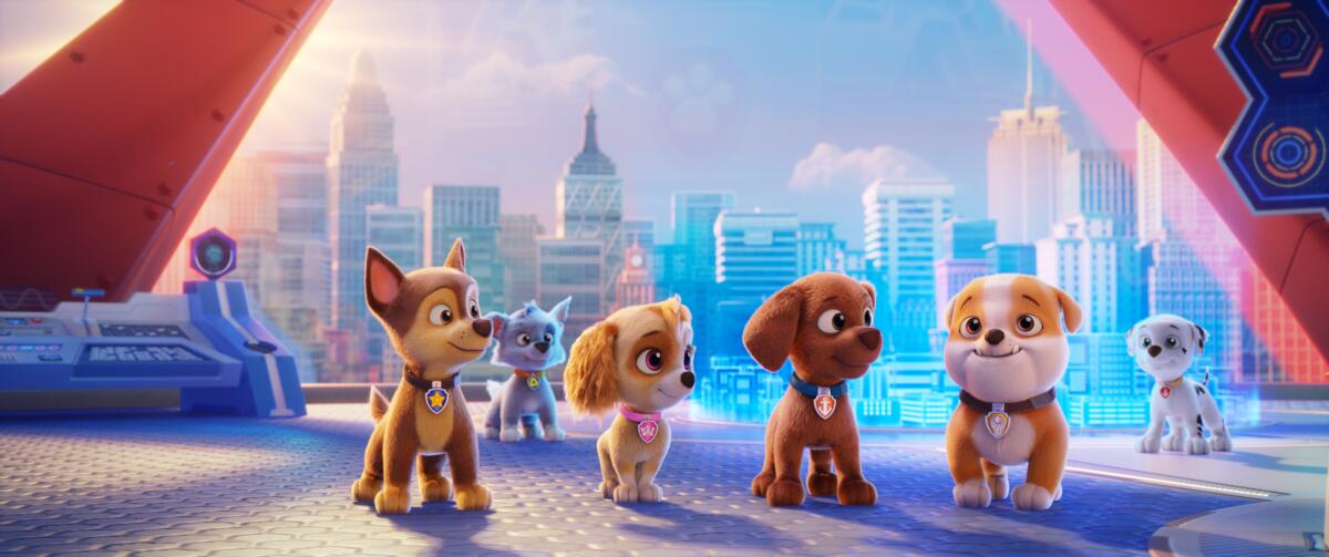 Cartoon dogs in "PAW Patrol: The Movie."