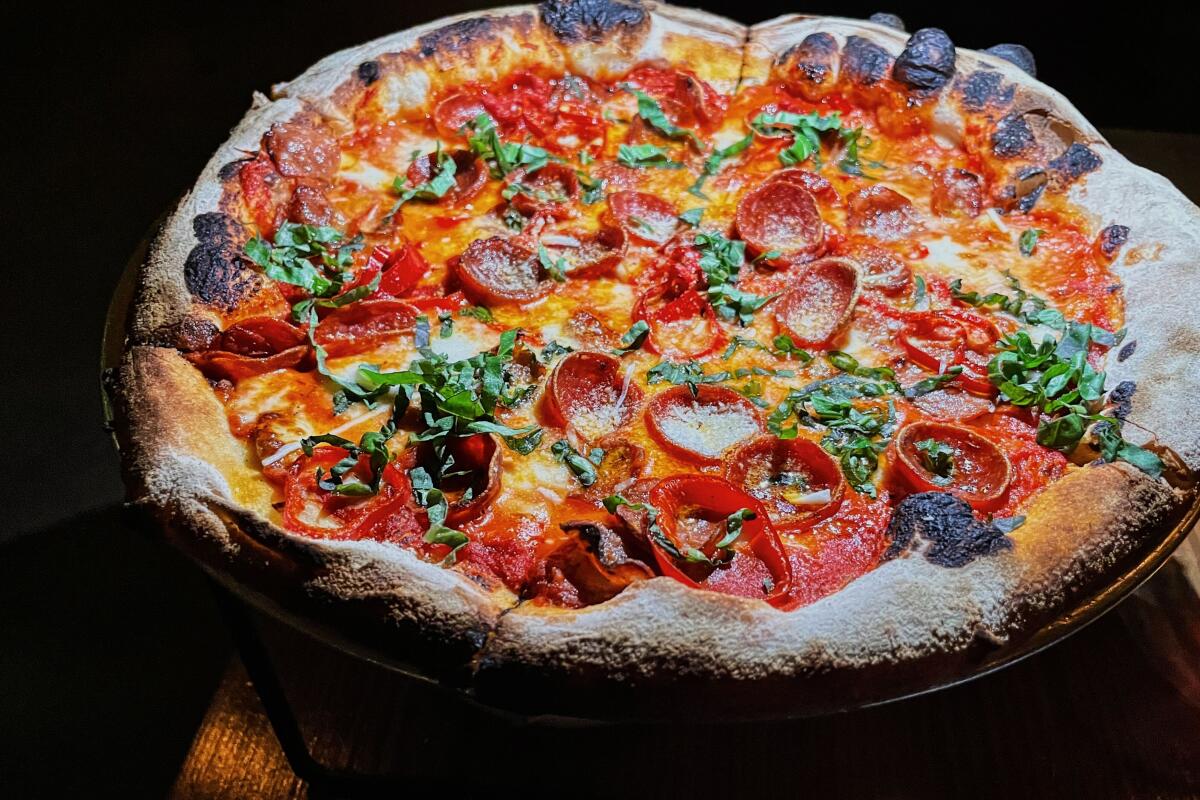 A horizontal photo of a spicy pepperoni pizza from Prima Donna