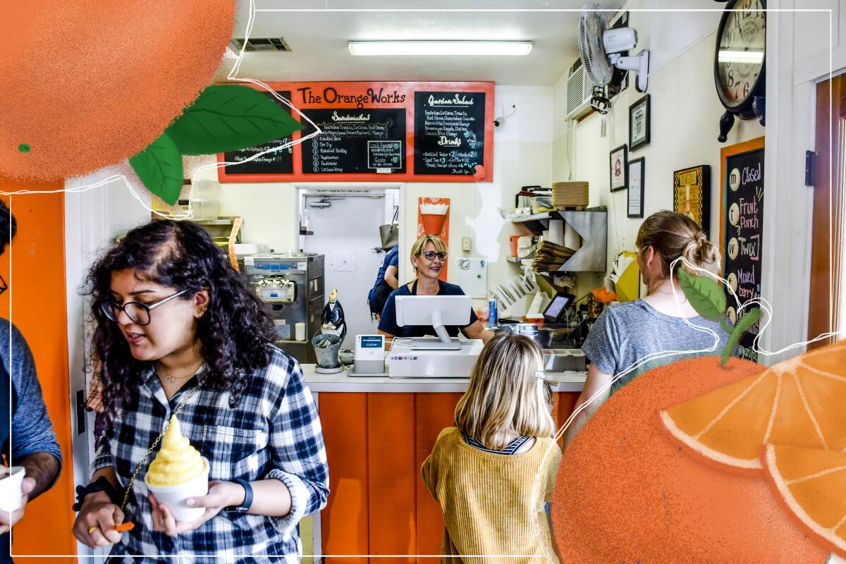 Illustrations of oranges on top of a photo of a small shop with people holding foam cups of ice cream.