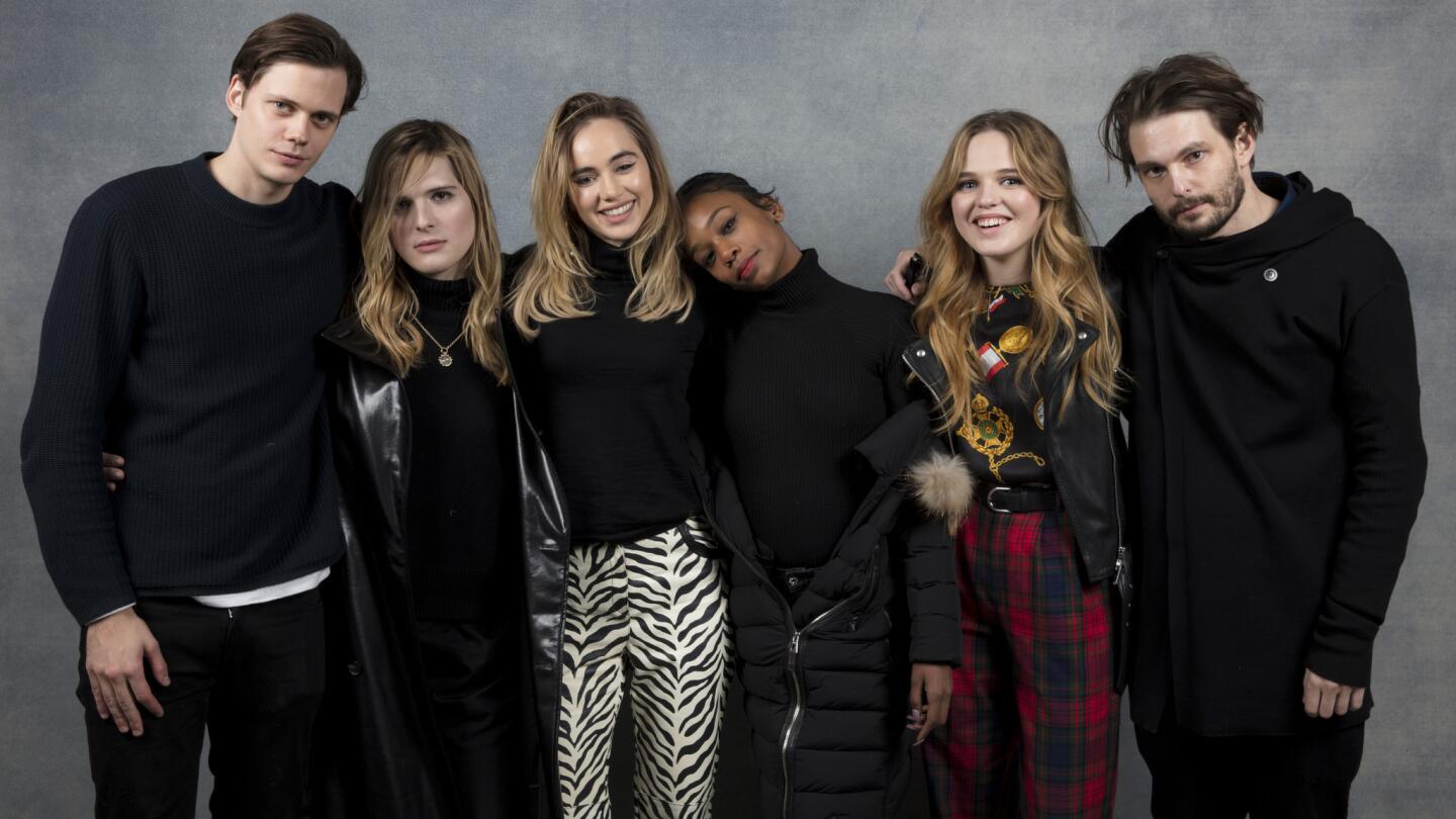 Actor Bill Skarsgard, actress Hari Nef, actres Suji Waterhouse, actress Abra, actress Odessa Young, and director/writer Sam Levinson, from the film "Assassination Nation," photographed in the L.A. Times Studio at Chase Sapphire on Main, during the Sundance Film Festival in Park City, Utah, Jan. 21, 2018.