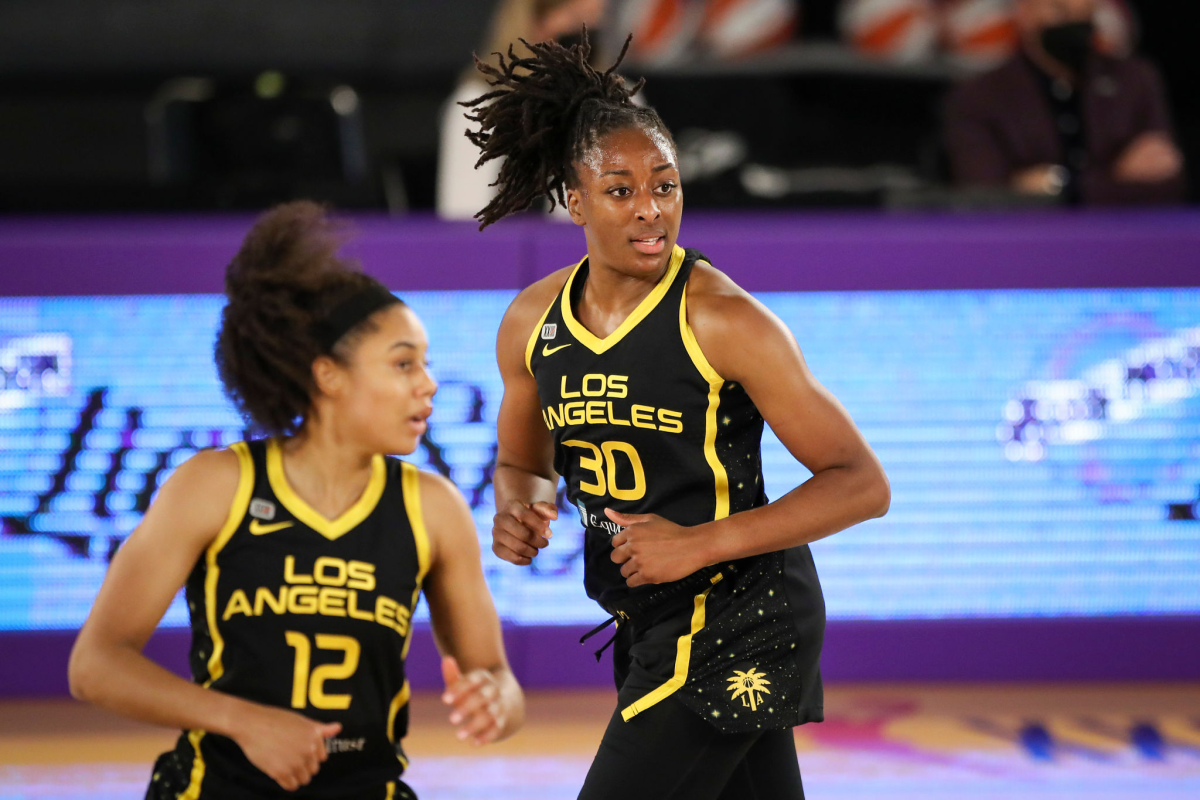 Forward Nneka Ogwumike #30 of the Los Angeles Sparks looks on during a game against the Dallas Wings