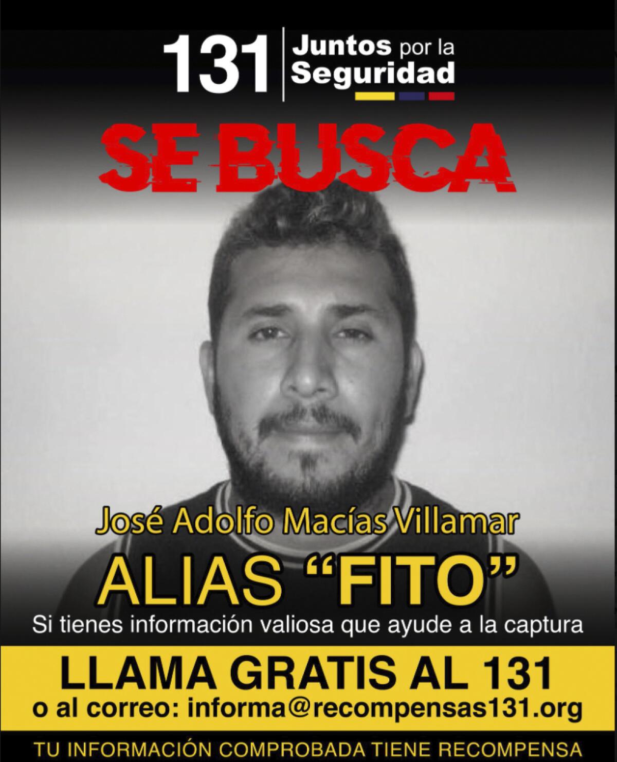 Wanted poster for Ecuadorean gang leader
