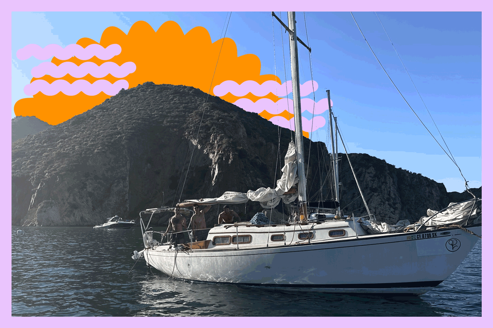 Charmony sits at her mooring at Catalina’s Button Shell beach