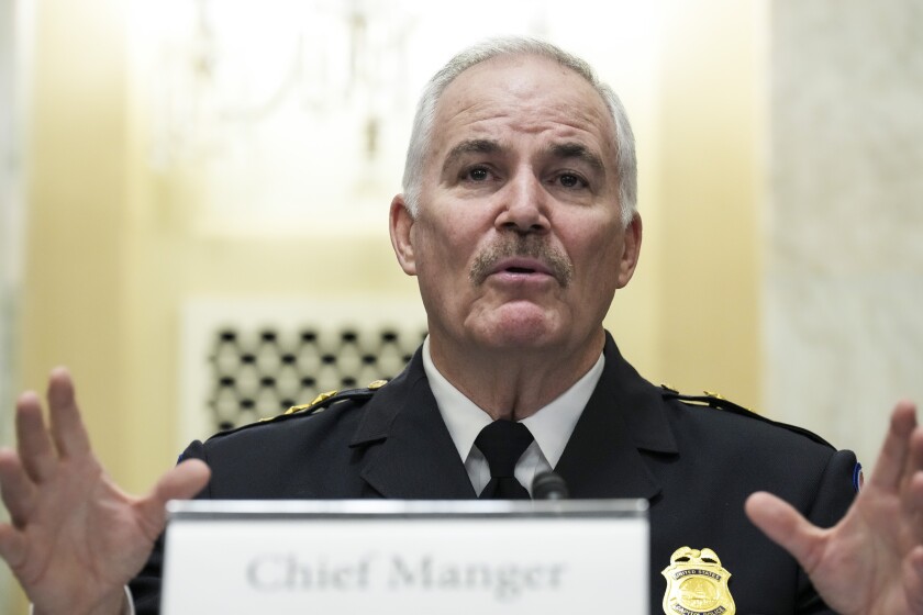 U.S. Capitol Police Chief Tom Manger testifies during a Senate Rules and Administration Committee oversight hearing on the Jan. 6, 2021, attack on the Capitol on Wednesday, Jan. 5, 2022, in Washington. (Tom Williams/Pool via AP)