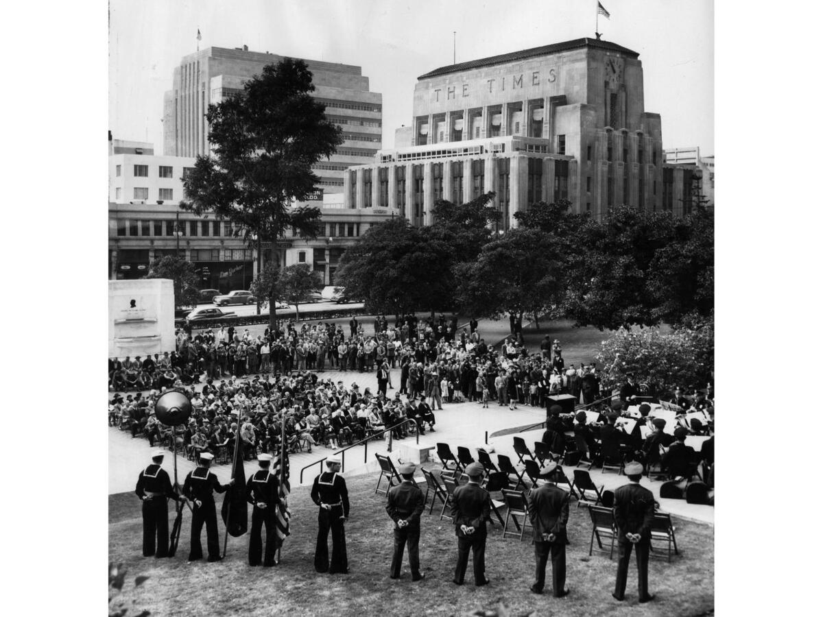 Nov. 12, 1951: Armistice Day activities conducted at Los Angeles City Hall with the Los Angeles Times buildings in background. In 1954, Armistice Day became Veterans Day.