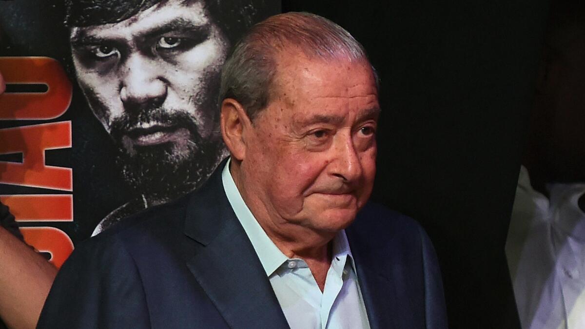 Promoter Bob Arum waits to introduce Manny Pacquiao at a fan rally at Mandalay Bay Convention Center in Las Vegas on Tuesday.