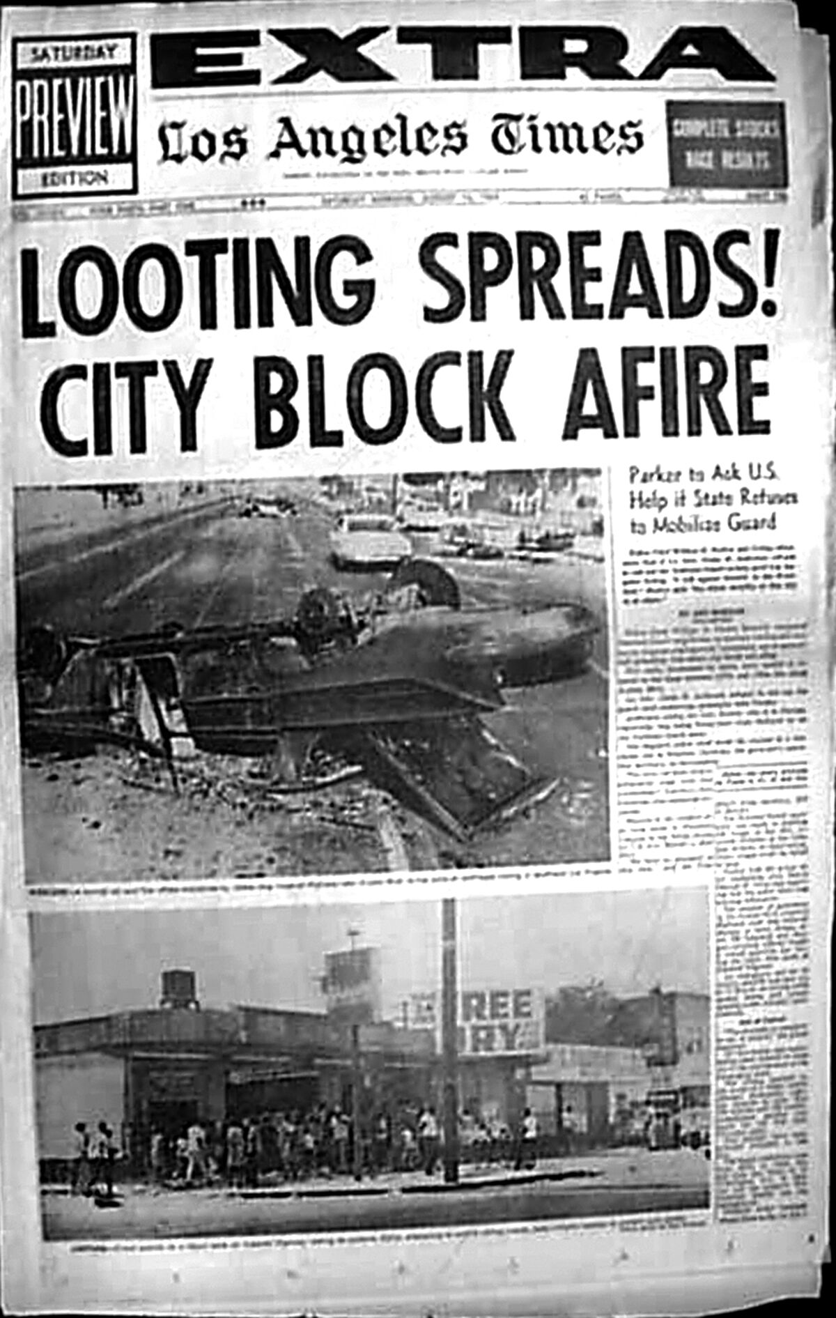 An old Los Angeles Times headline reads "Looting spreads! City block afire"