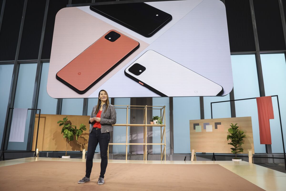 Sabrina Ellis, Google vice president of product management, introduces the new Google Pixel 4 smartphone during a launch event in New York City.
