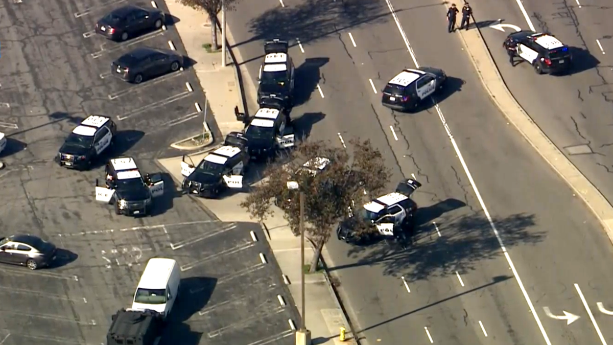 Torrance police surround a white van in a parking lot near the Del Amo mall.