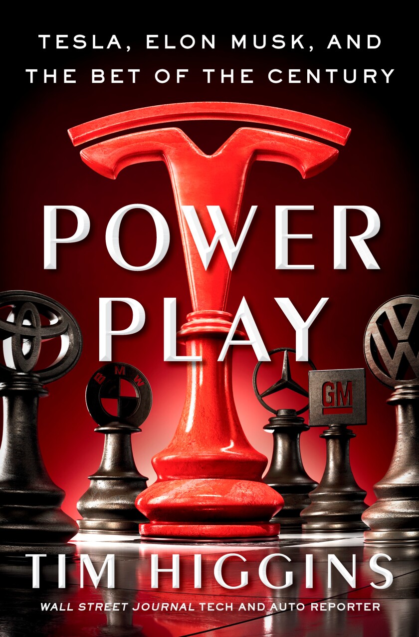 A red book cover with a giant red chess piece with the Tesla logo and smaller black chess pieces with other car logos. 