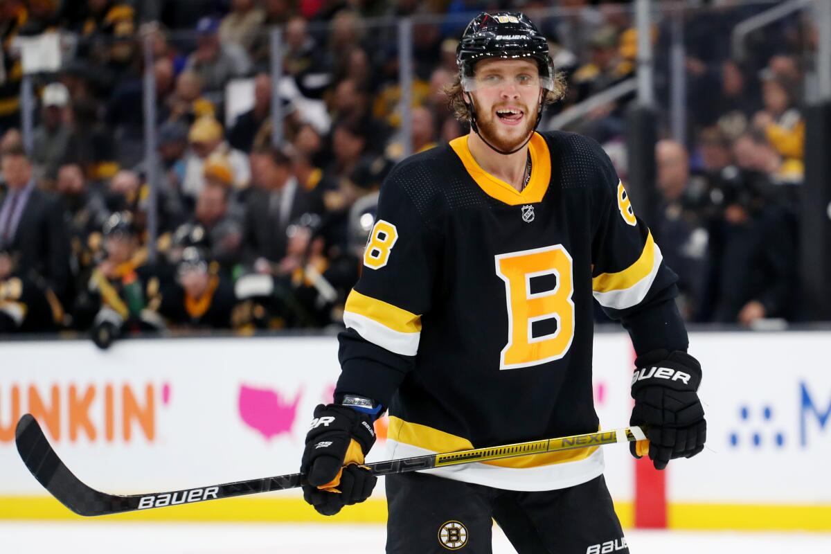 Bruins right wing David Pastrnak looks on during a game against the Rangers on Nov. 29 at TD Garden.