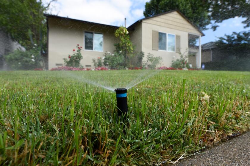 Sprinklers water the front lawn of a house on Zelzah Avenue in Encino. 