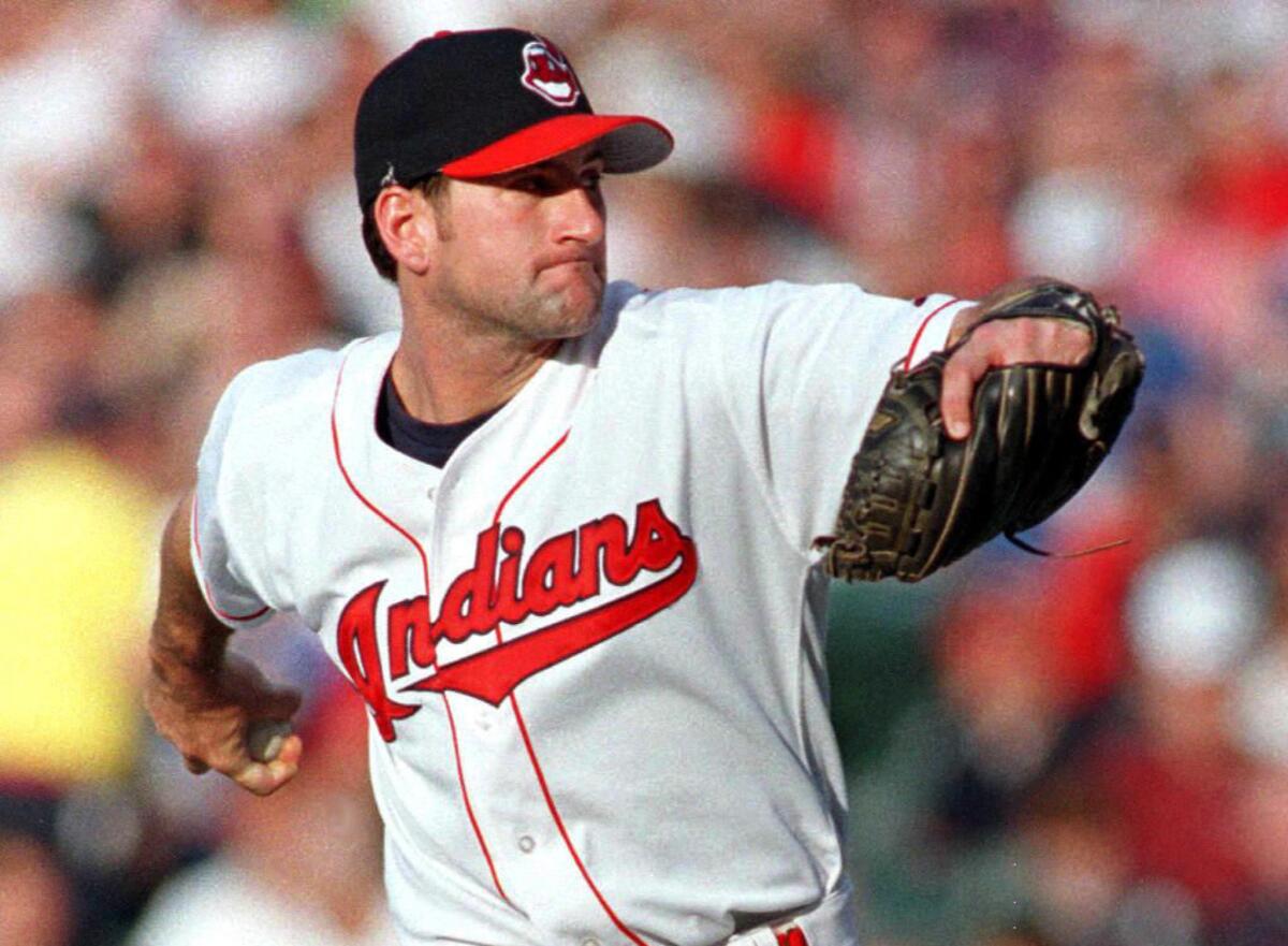 Charles Nagy pitches for the Indians in 1997 at Jacobs Field.