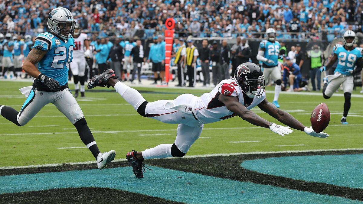 Atlanta Falcons wide receiver Julio Jones just misses what might have been a touchdown reception in a Nov. 5 game against the Carolina Panthers.