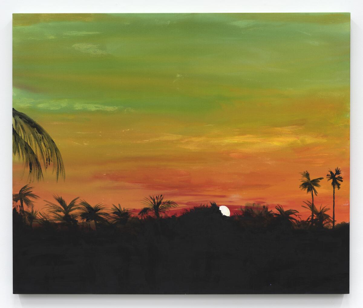 A sunset of orange and green emerges from the silhouettes of palm trees.
