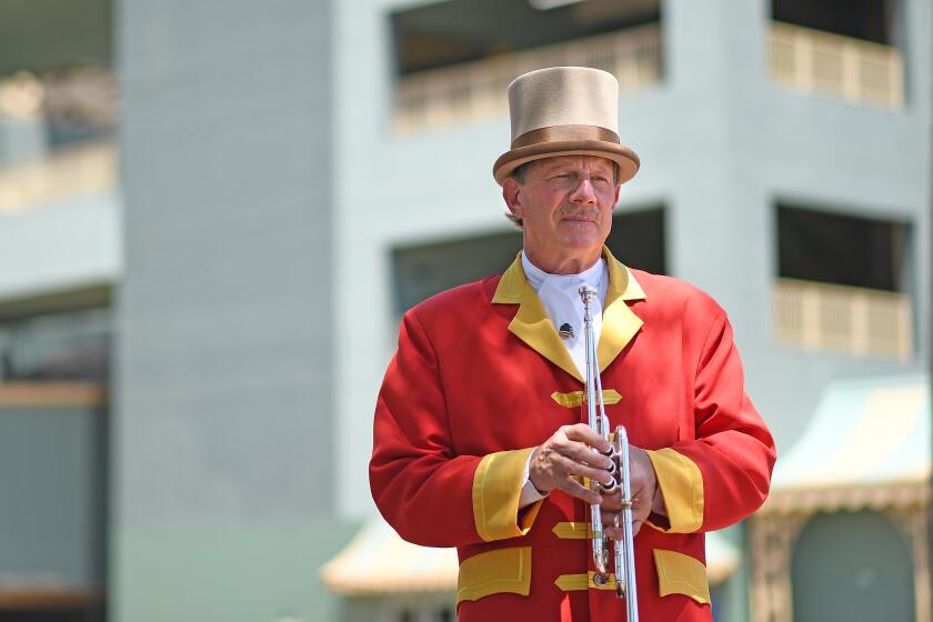 ARCADIA, CALIFORNIA MAY 22, 2020-Santa Anita buglar Jay Cohen is the only working musician in his branch of the union. The coranavirus has limited employees at Santa Anita racetrack to essentail workers only (Wally Skalij/Los Angeles Times)