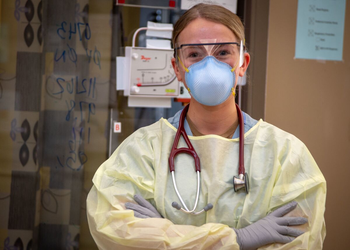 Ens. Samantha Salus, a registered nurse assigned to Naval Medical Center San Diego (NMCSD).