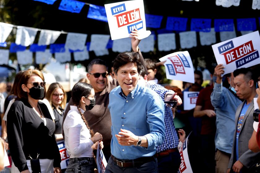 LOS ANGELES, CA - MARCH 12: Los Angeles City Councilman Kevin de Leon, who running for mayor of LA, greets constituents at the grand opening of his campaign headquarters on Saturday, March 12, 2022 in Los Angeles, CA. Councilman de Leon where Kevin "shared his vision for the city's future." (Gary Coronado / Los Angeles Times)