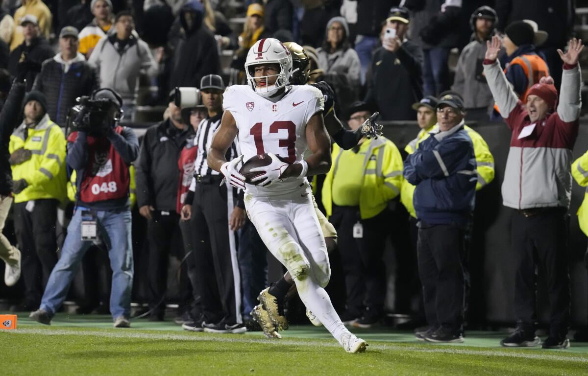 Stanford wide receiver Elic Ayomanor celebrates after making a touchdown catch.