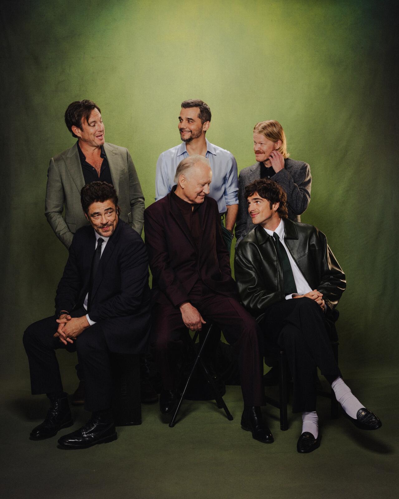 Participants in the 2025 Oscar Actors Roundtable interact on set at the Los Angeles Times.