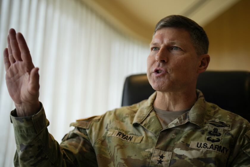 Commanding General of the U.S. Army's 25th Infantry Division based in Hawaii, Maj. Gen. Joseph Ryan gestures as he speaks to The Associated Press in Manila, Philippines on Wednesday, Feb. 8, 2023. Ryan said American forces and their allies in Asia, including the Philippines, are ready for battle after years of joint combat exercises and added that Russia's war setbacks in Ukraine should serve as a warning to potential Asian aggressors like China and North Korea. (AP Photo/Aaron Favila)