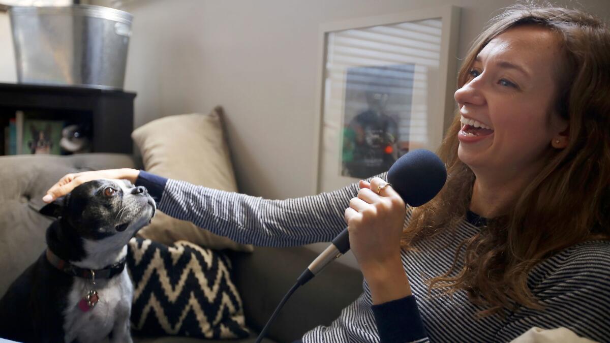 Actress Lauren Lapkus, records a podcast with Gabrus and his dog, Arthur.