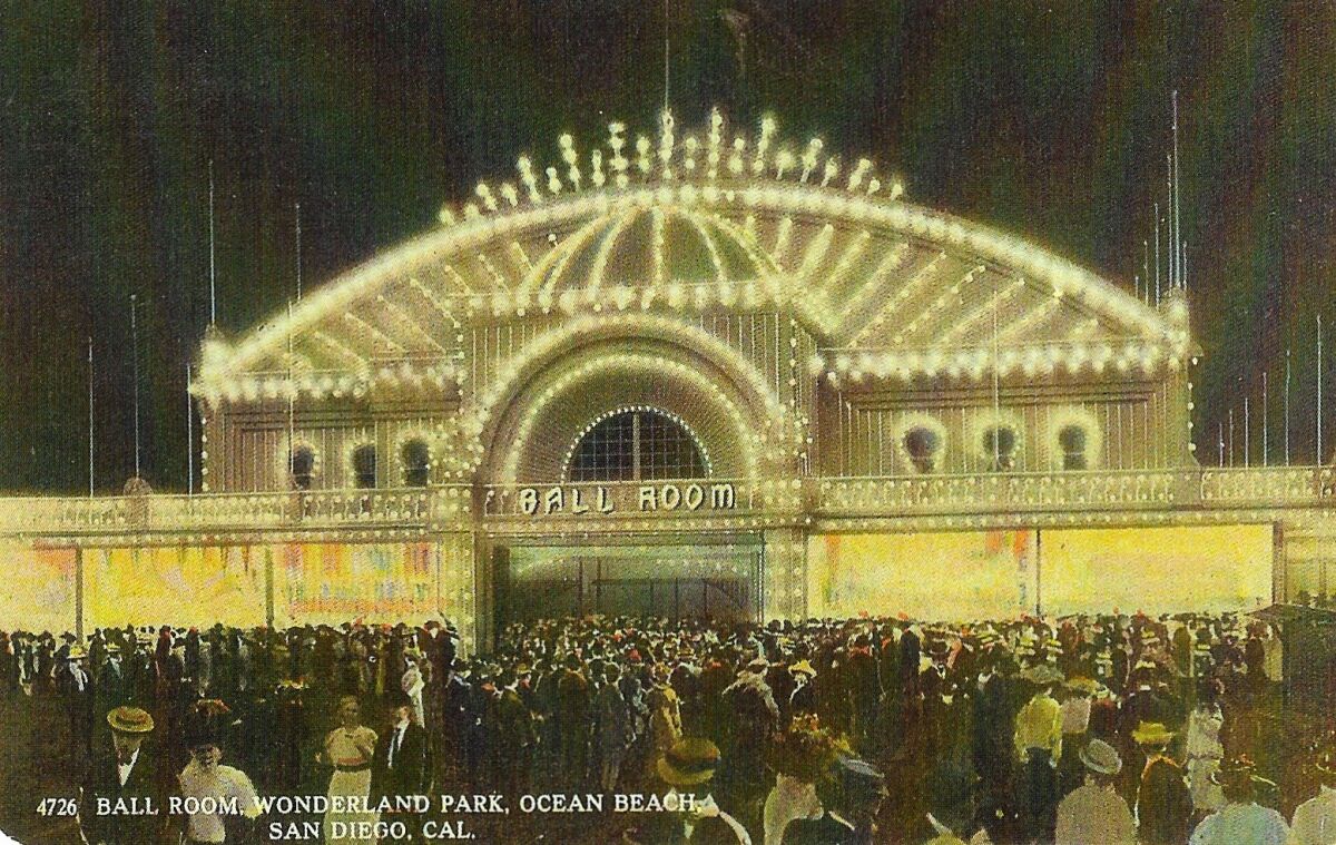 A postcard pictures Wonderland’s Waldorf Ballroom by night.