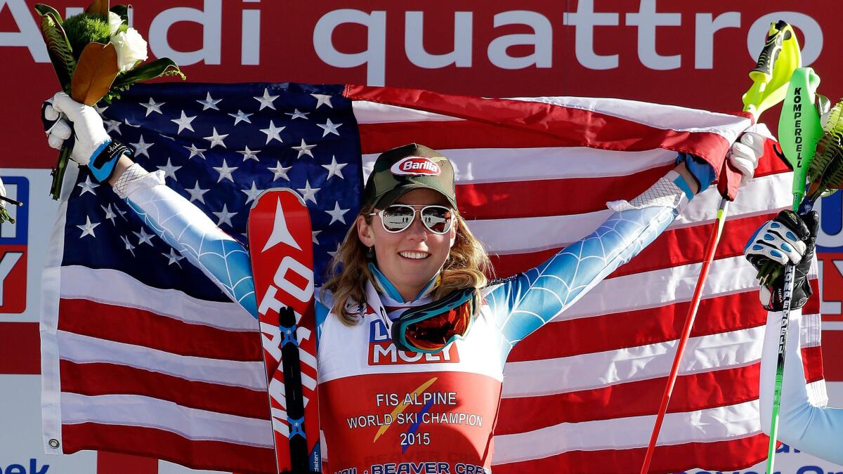 Mikaela Shiffrin celebrates her victory in women's slalom at the world championships in Beaver Creek, Colo., on Saturday.