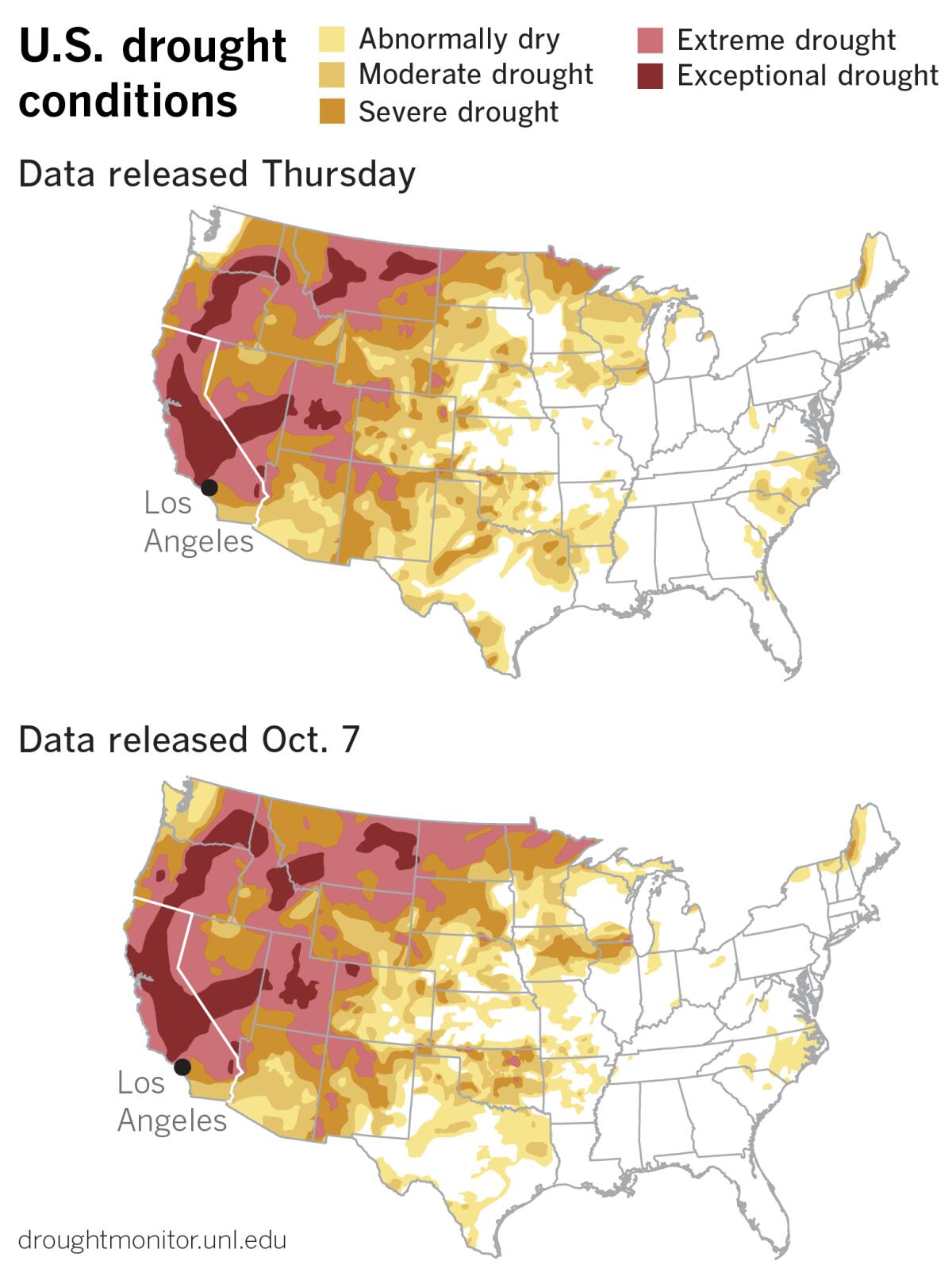 Comparison of U.S. Drought Monitor maps from Thursday and a month ago.