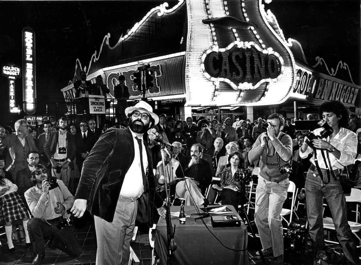 Francis Ford Coppola giving a press conference on the set of "One From the Heart" in 1981.