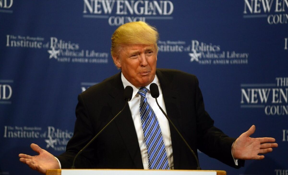 Donald Trump speaks to business and political leaders at a Politics and Eggs forum at Saint Anselm College in Manchester, N.H.