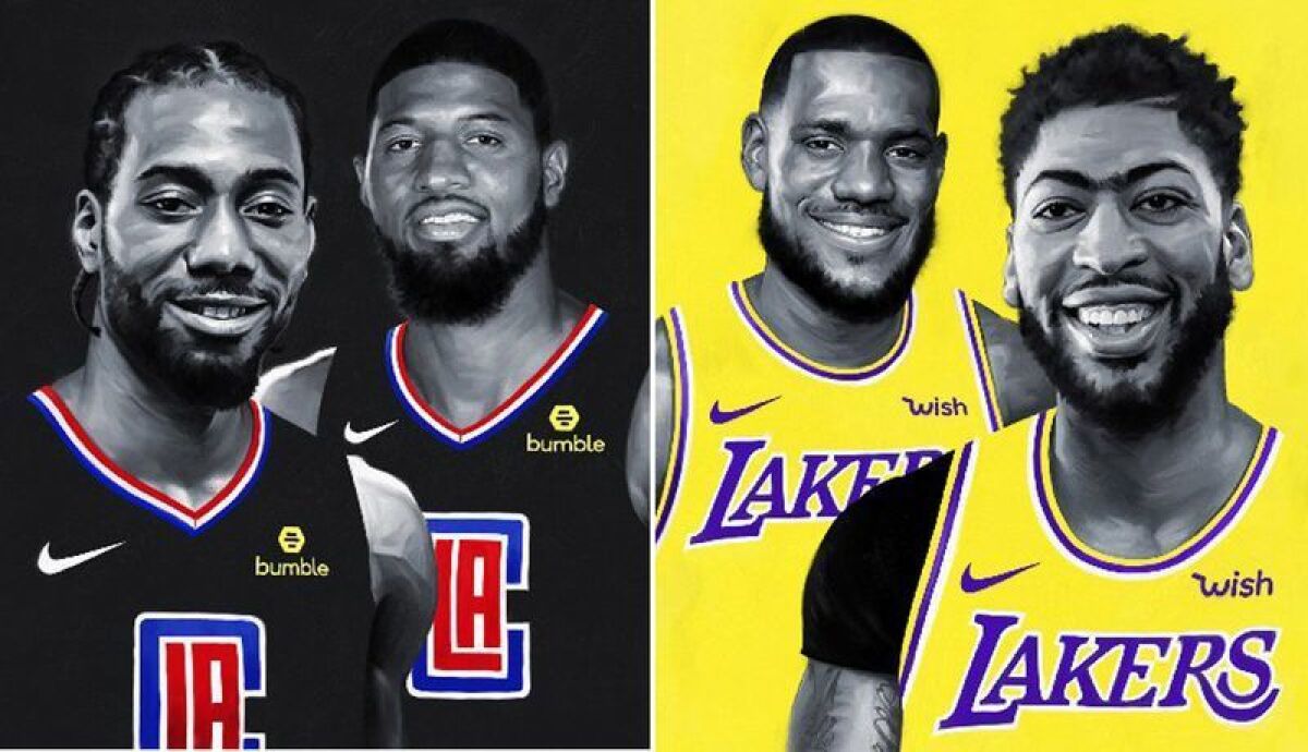 The new superstar duos — Kawhi Leonard and Paul George, left, with the Clippers and LeBron James and Anthony Davis with the Lakers — begin their battle for L.A. on Tuesday.