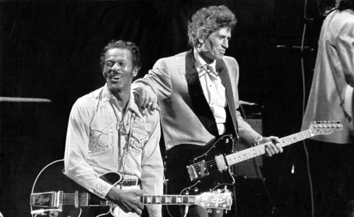 Chuck Berry, with guitarist Keith Richards of the Rolling Stones, celebrated Berry's birthday on stage with a special concert at the Fox Theatre in St. Louis on Oct. 17, 1986.