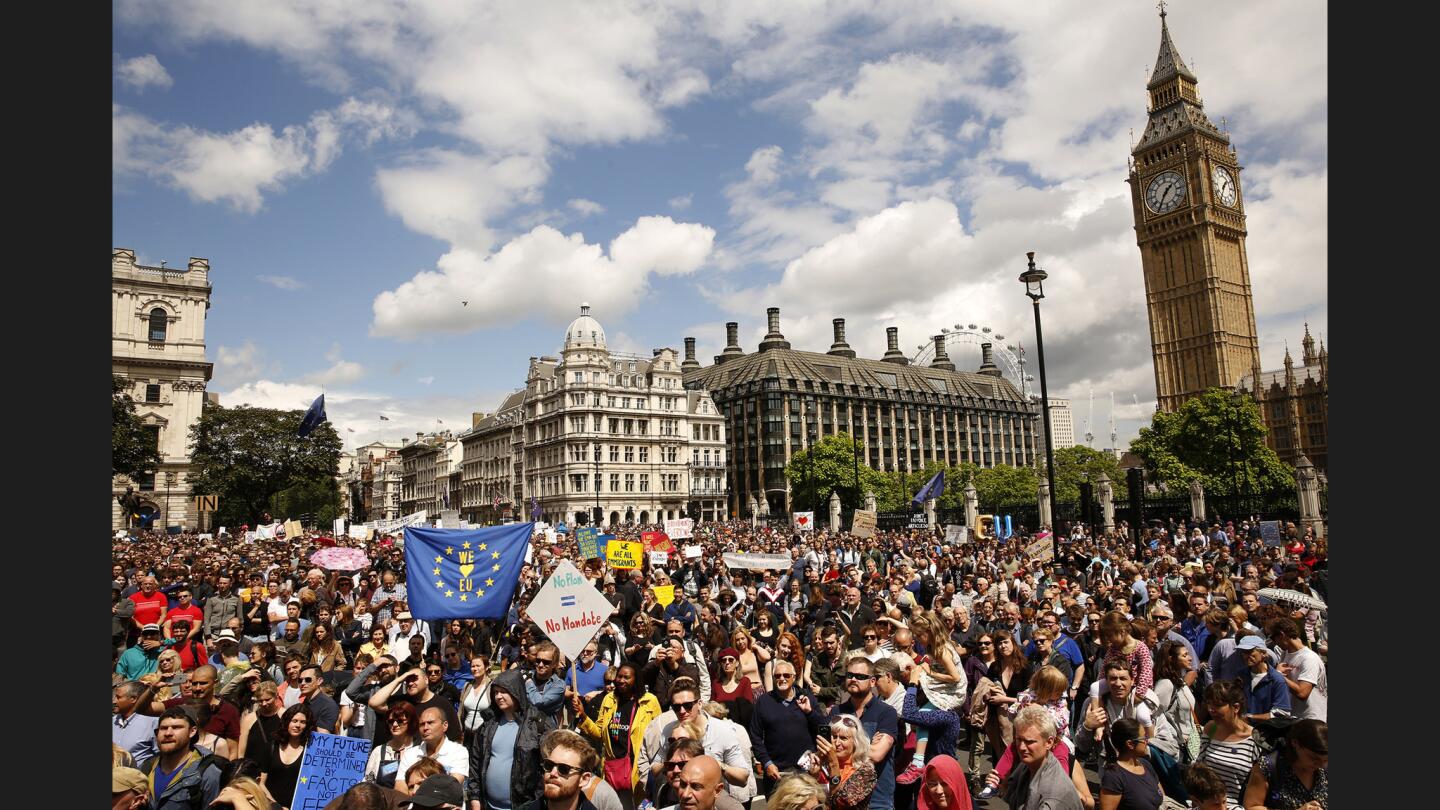 Thousands of people gathered in London's Parliament Square on July 2, 2016, to protest Britain's vote to leave the European Union.
