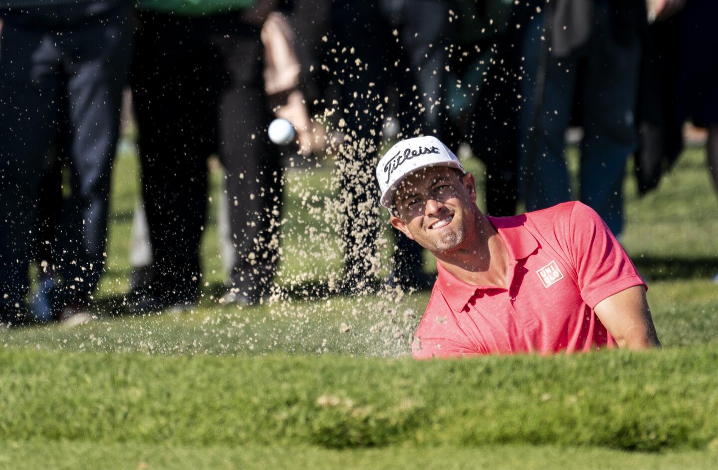 PACIFIC PALISADES, CA - FEBRUARY 16, 2020: Winner Adam Scott blasts out of the sand trap on the 15th hole in the finals of the Genesis Open at Riviera Country Club on February 16, 2020 in Pacific Palisades, California.(Gina Ferazzi/Los AngelesTimes)