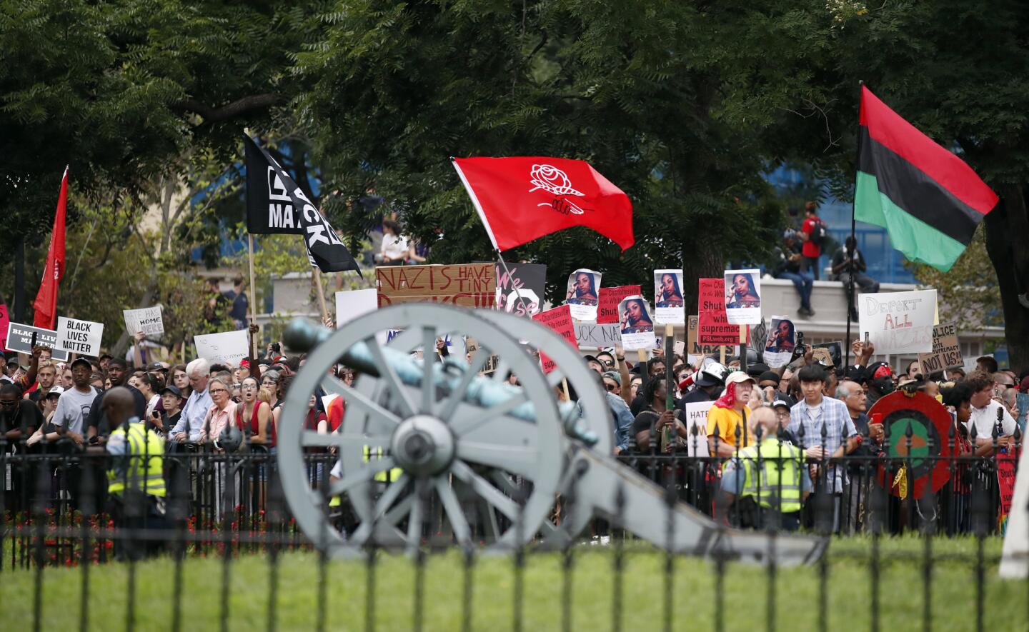 Demonstrators rally near the White House on the one-year anniversary of the Charlottesville "Unite the Right" rally on Aug. 12, 2018.