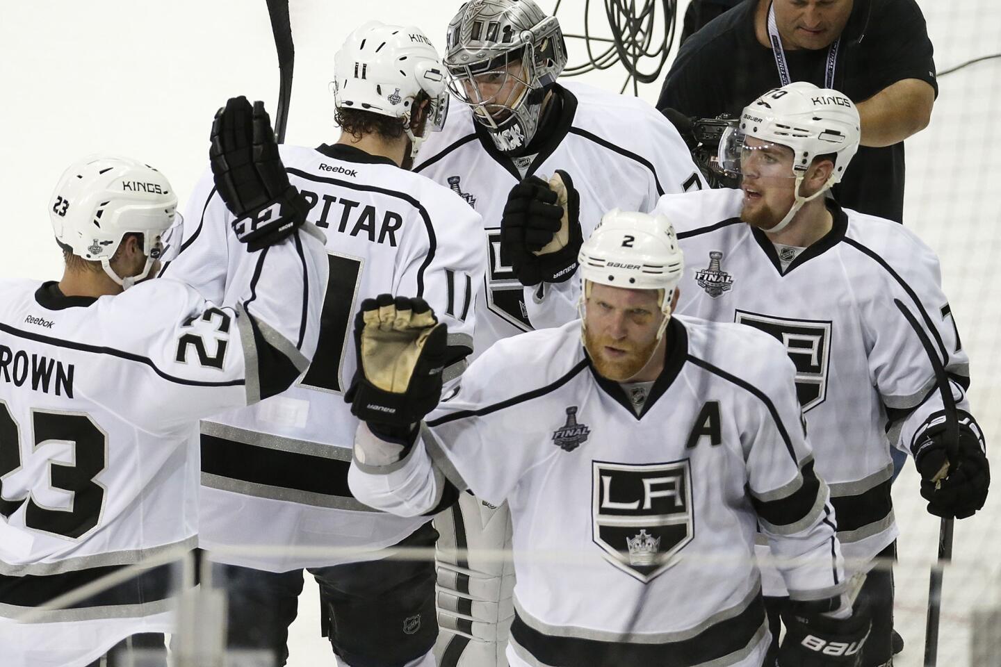 Kings players celebrate the team's 3-0 win over the New York Rangers in Game 3 of the Stanley Cup Final.