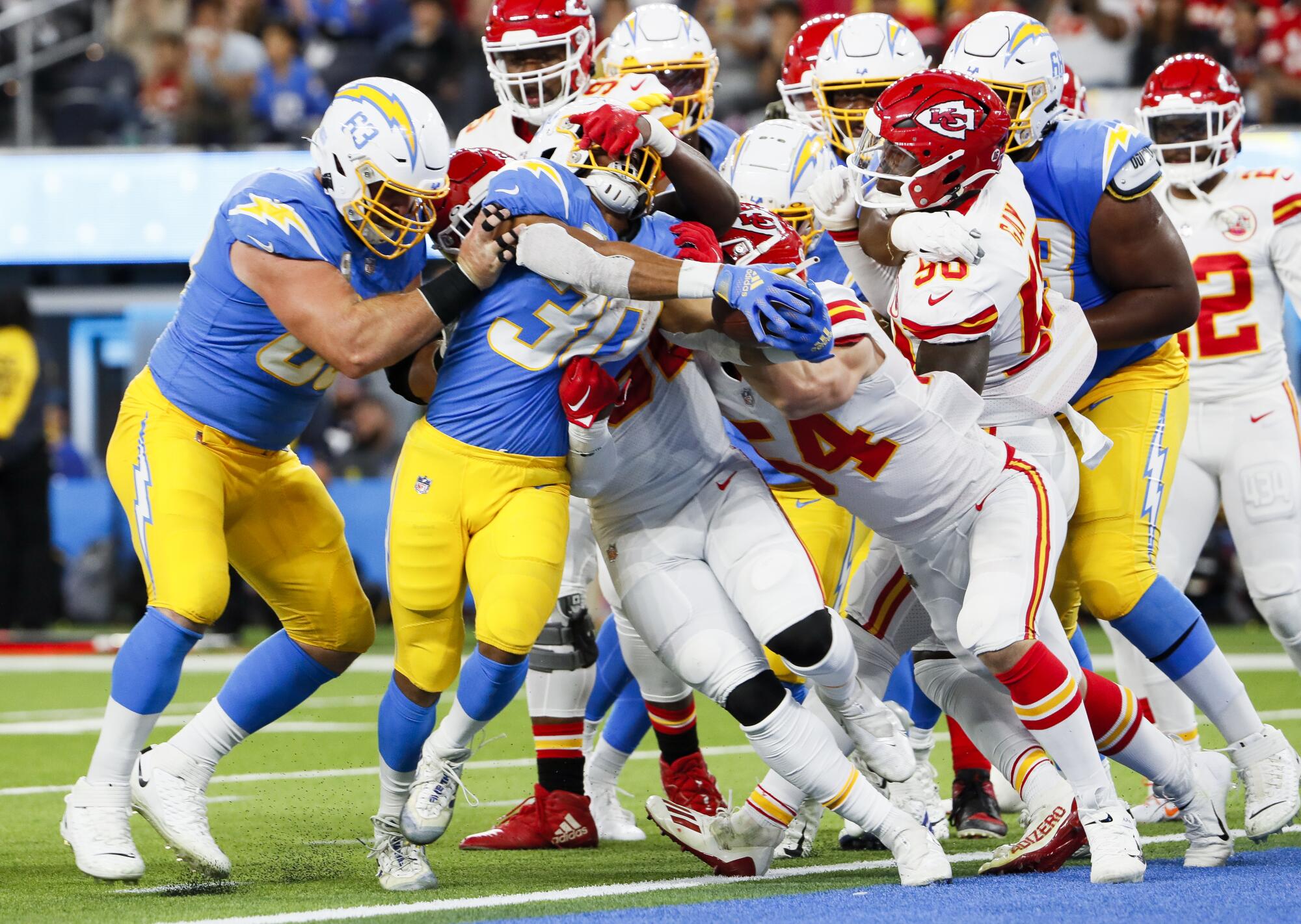 Chargers running back Austin Ekeler scores a touchdown in the second quarter.