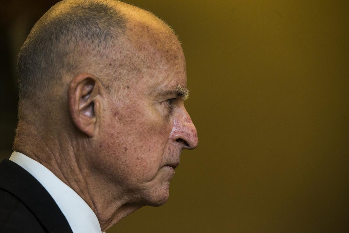 Gov. Jerry Brown, pictured here during a Capitol press conference in November, will be sworn in for his fourth term on Monday.