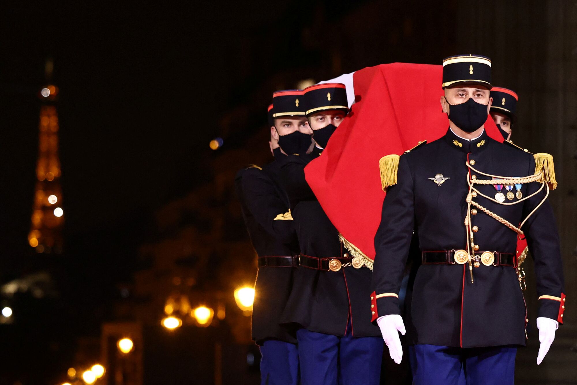 French soldiers carry Josephine Baker's cenotaph.