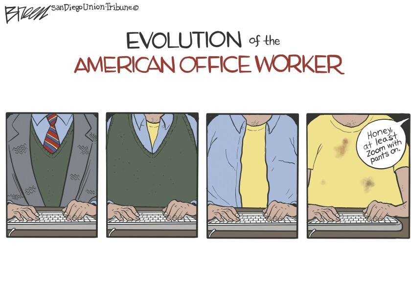 In this cartoon "Evolution of the American Worker" a man wears a shirt and tie in first panel and is very casual in the last