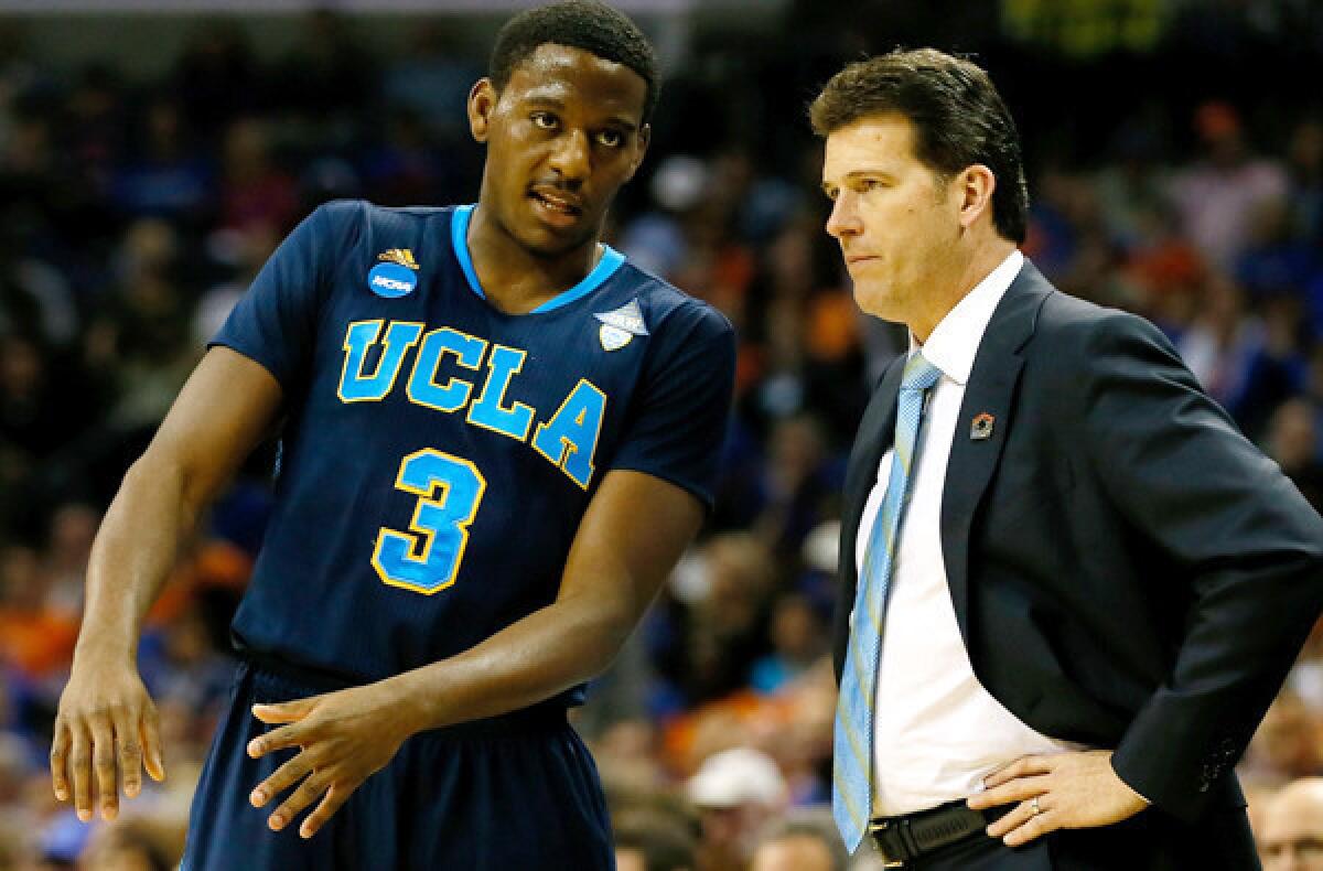 UCLA Coach Steve Alford might have a big recruiting job this year if sophomore guard Jordan Adams (3) joins teammates Kyle Anderson and Zach LaVine in testing the NBA draft.