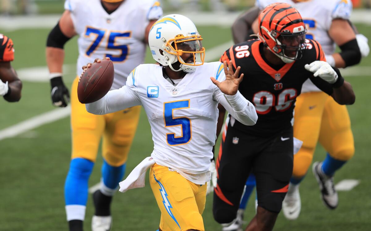 Quarterback Tyrod Taylor throws during the Chargers' season-opening win.