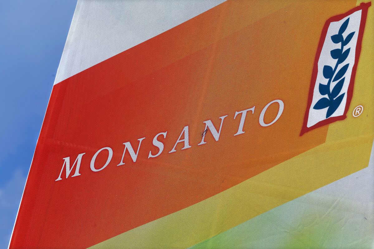 The Monsanto logo is seen at the Farm Progress Show in Decatur, Ill. on Aug. 31, 2015.