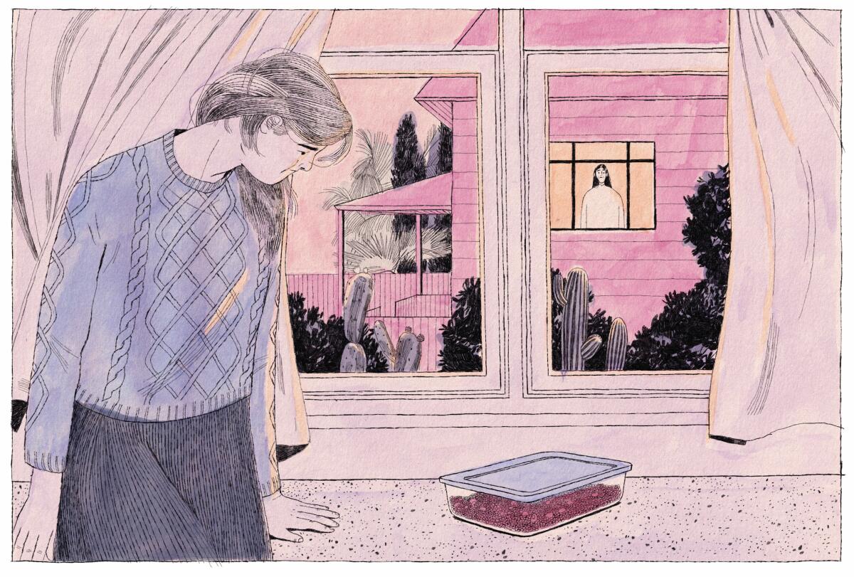 An illustration of a woman standing by a window looking at a tupperware container